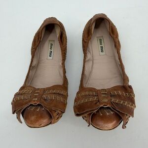 Miu Miu Vintage Tan Leather Stitched Bow Ballet Flat Shoes Size EU35.5